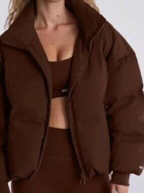 SET ACTIVE Oversized Puffer Jacket in Coco Brown Medium Zip